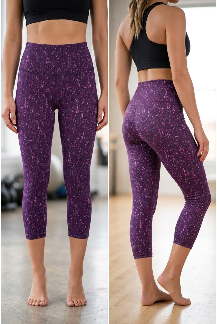 RB3 Women's Cropped Leggings Workout Capris Paint Splatter Plum Purple Sz M